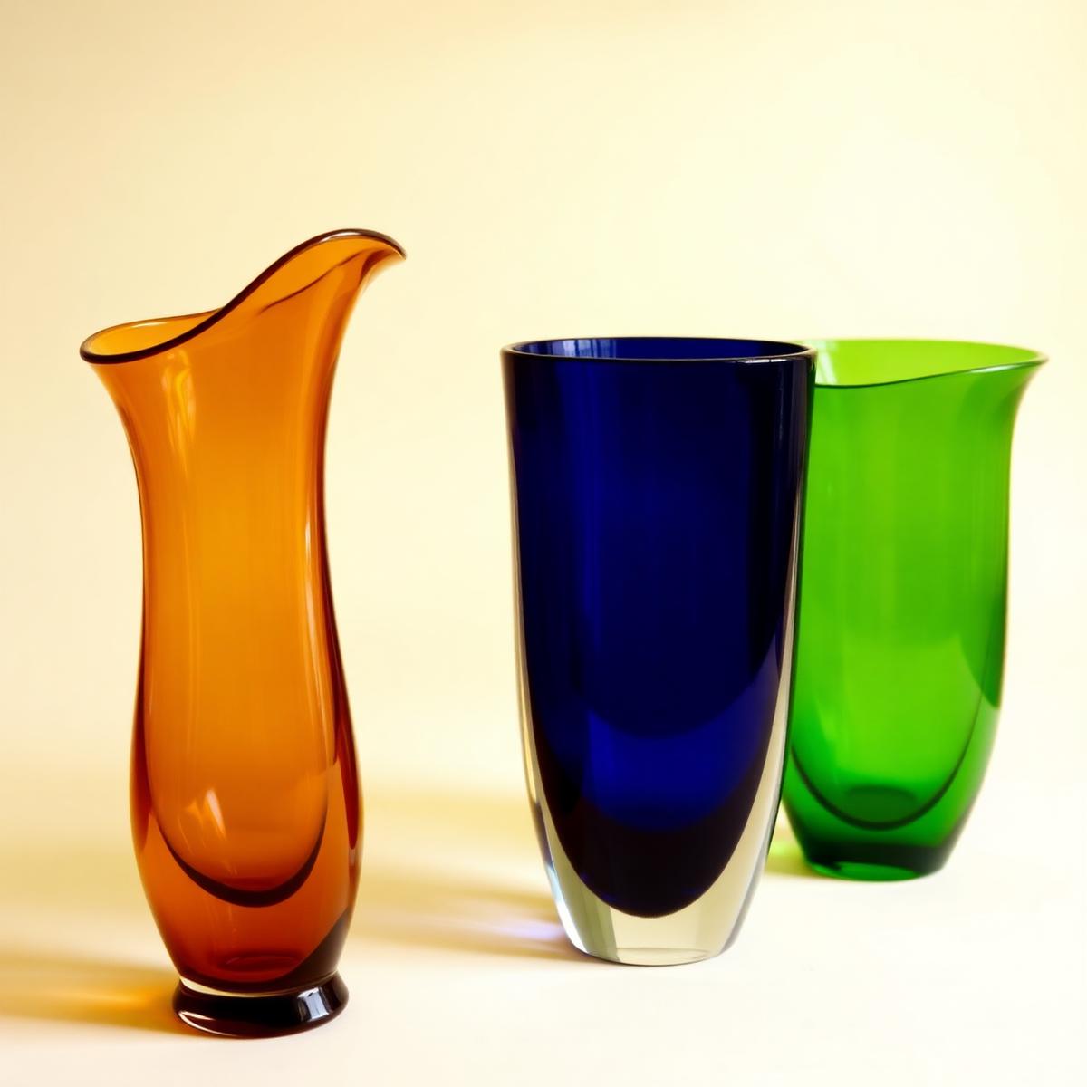 Three colorful mid-century art glass vases in amber, cobalt and green