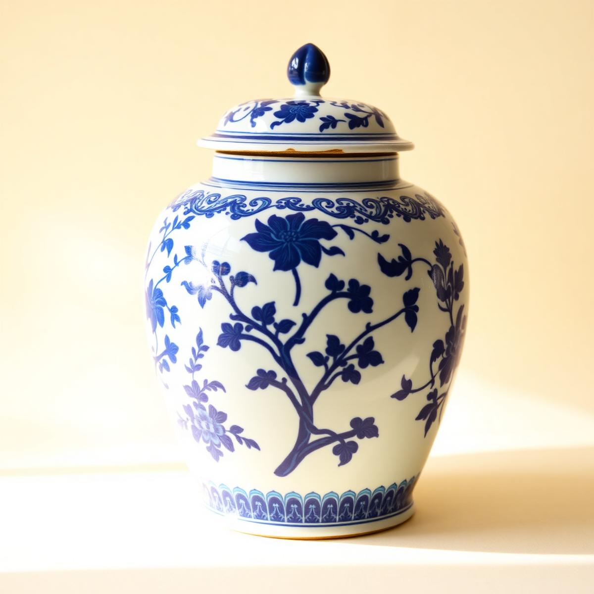 Blue and white chinoiserie ginger jar with a lidded top