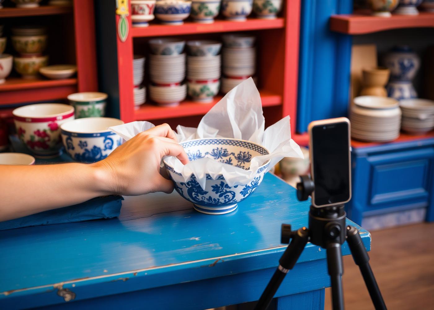 Hands wrapping a blue and white porcelain bowl in tissue paper in front of a phone on a tripod