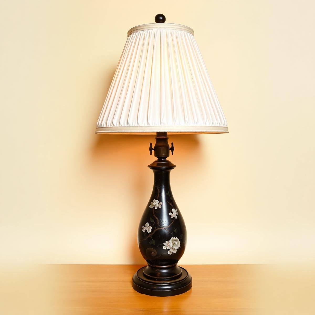 Vintage hand-painted table lamp with a pleated ivory silk shade