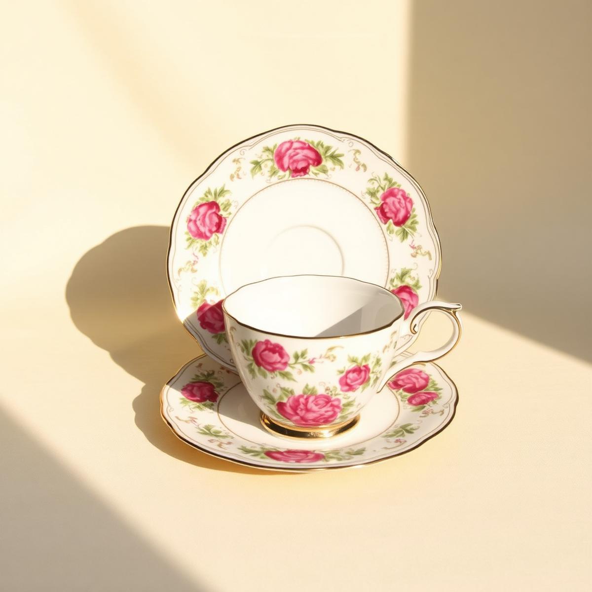 Floral bone china teacup and saucer with pink roses and gold trim