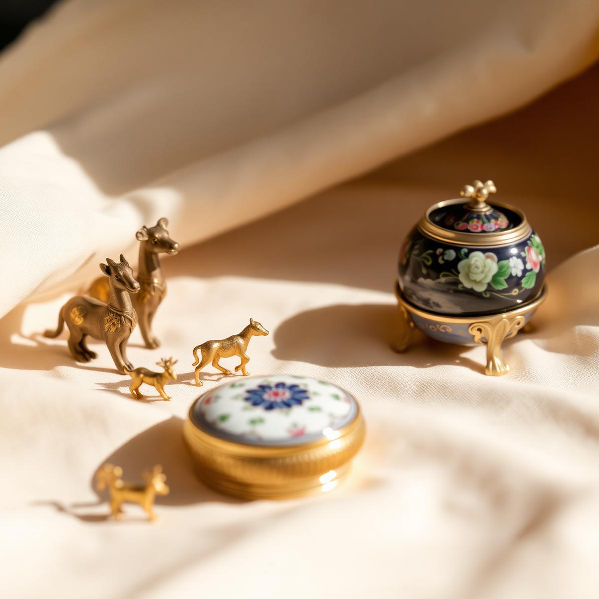 Small brass animal figurines and enamel trinket boxes on ivory linen