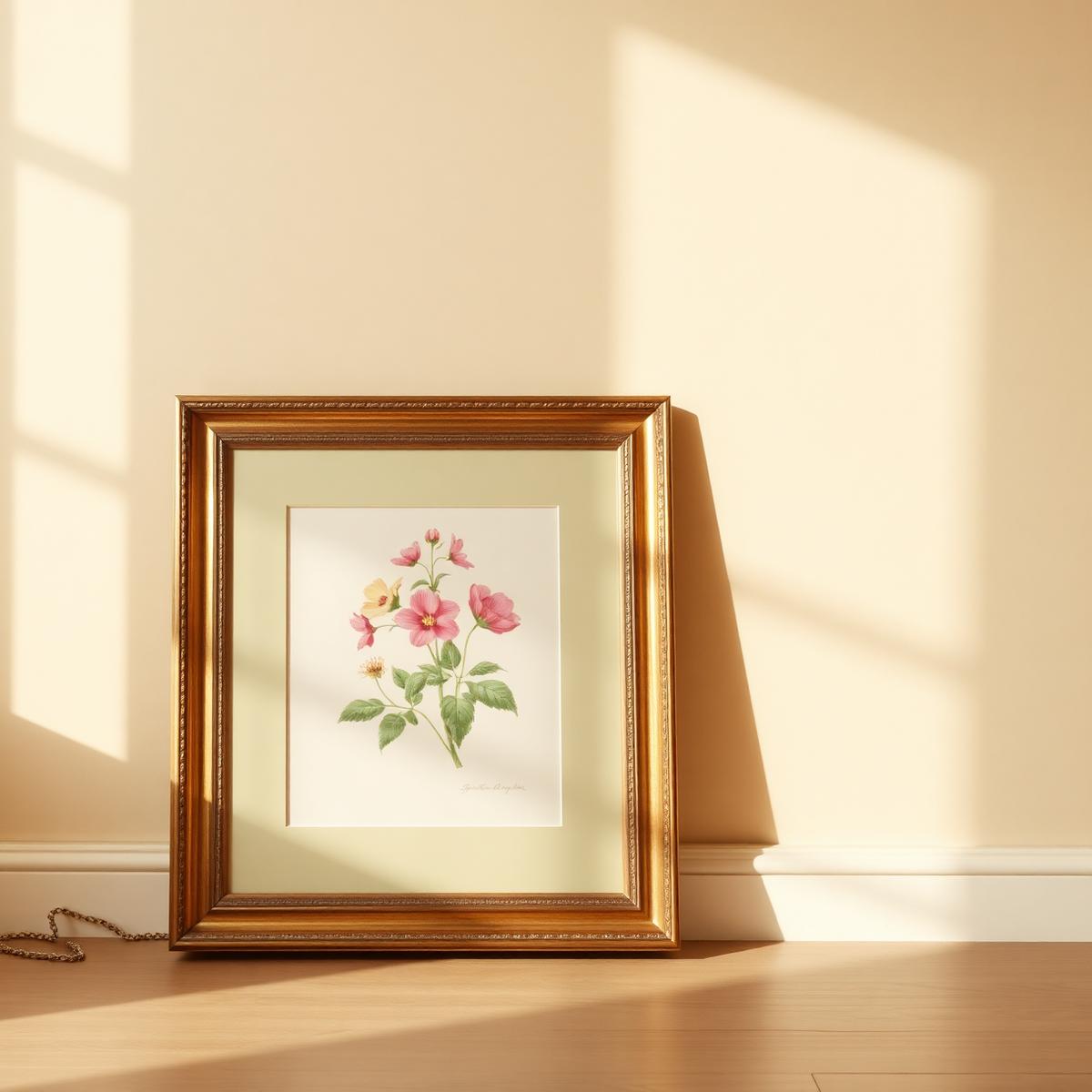 Framed botanical watercolor in a gilt gold frame leaning against a wall